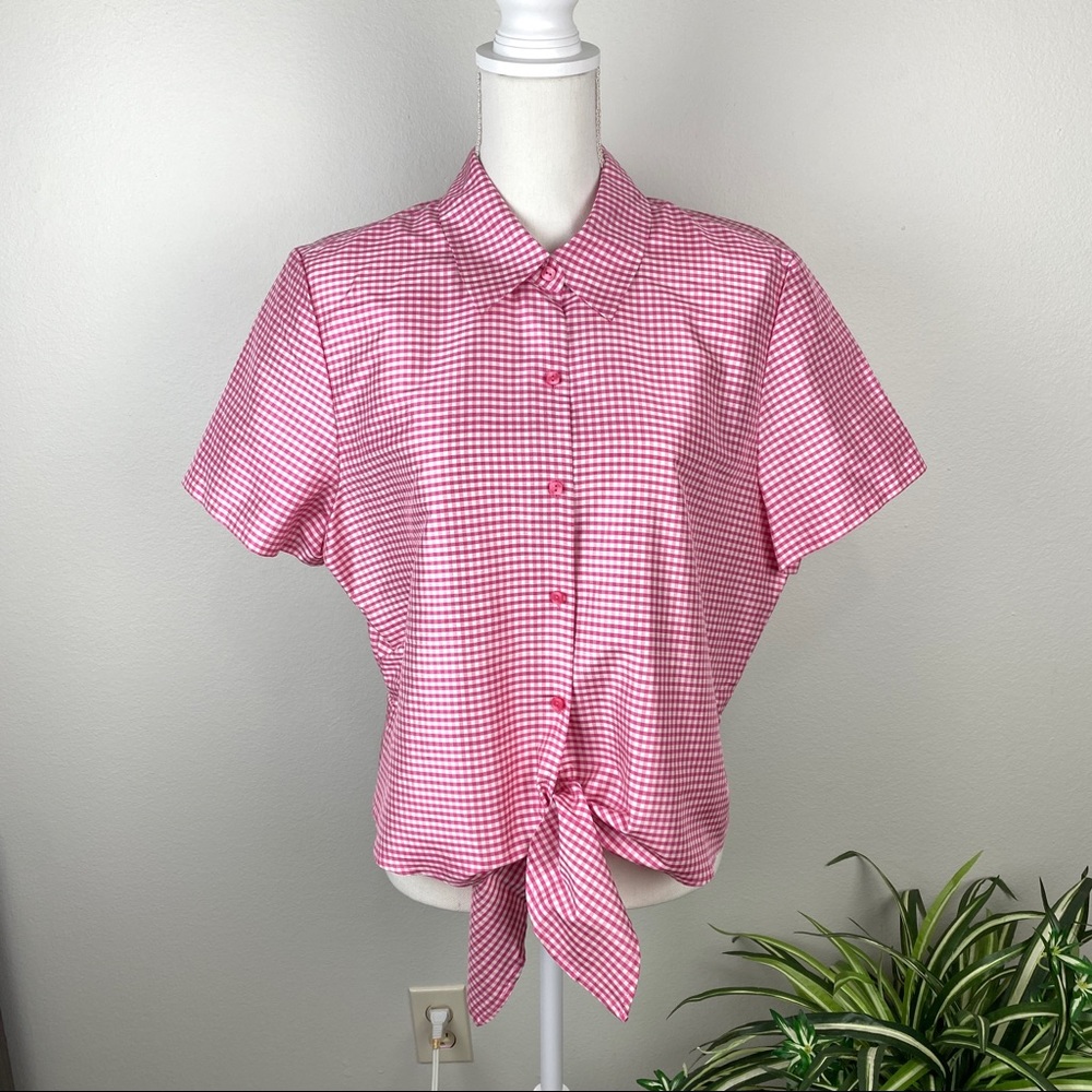 Vintage Plus Size 16 Pink White Gingham Silk Button Up Tie Front Top NWOT
